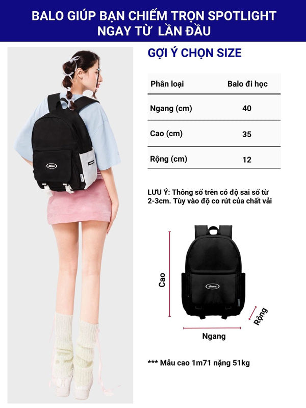 Person wearing a black backpack with size chart on a white background
