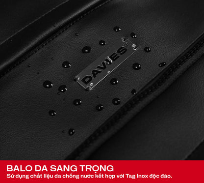 Black leather bag with 'DAVIES' branding and water-resistant feature.