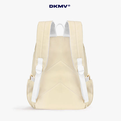 Beige backpack with white straps on a white background, featuring the DKMV brand.