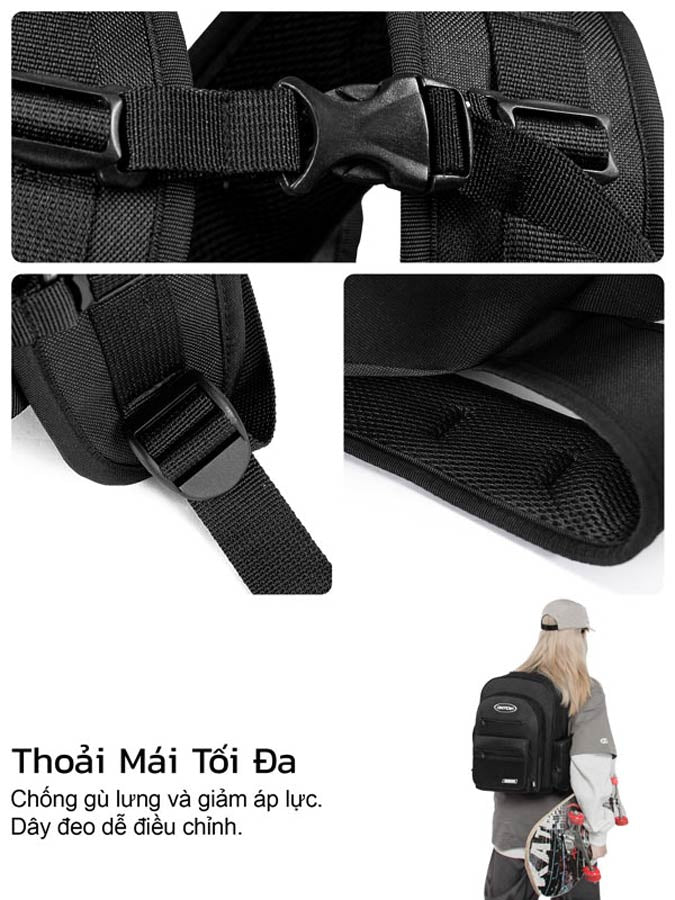 Black backpack with adjustable straps and a person wearing it on a white background