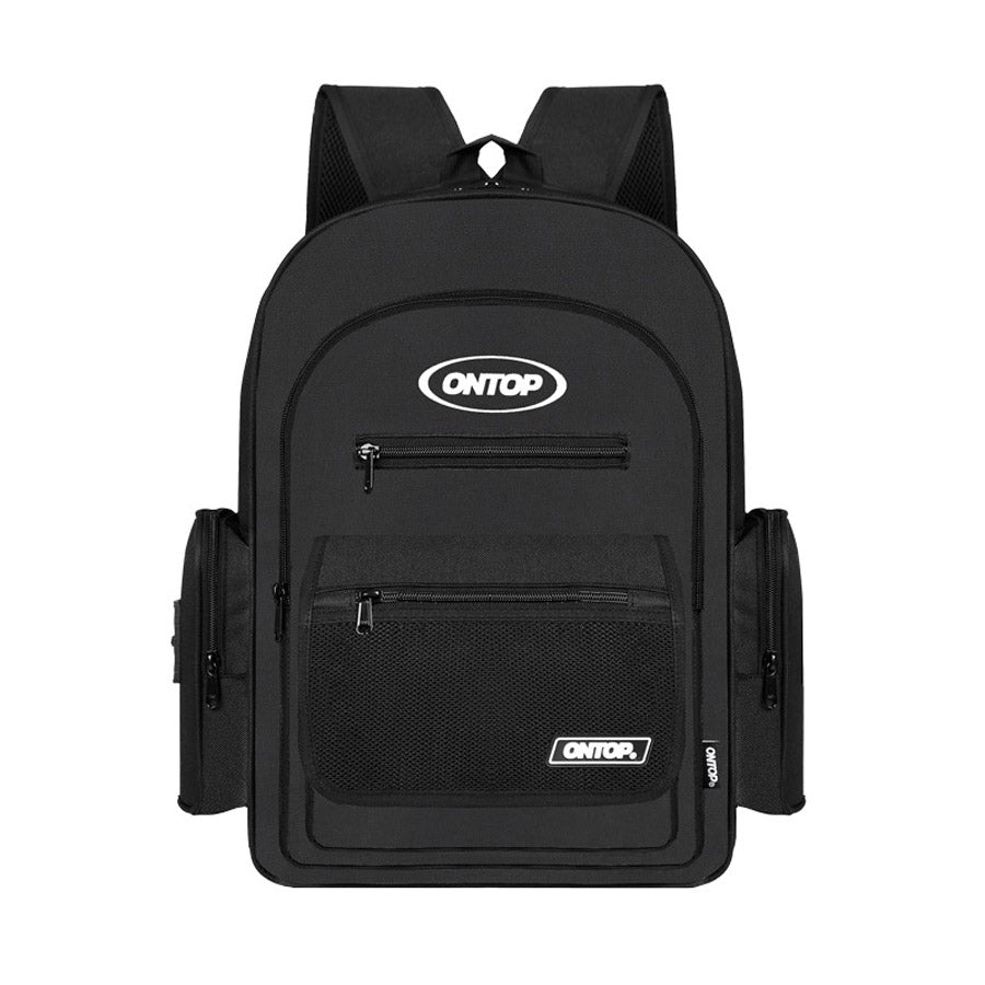 Black backpack with 'ONTOP' branding on a white background