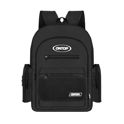 Black backpack with 'ONTOP' branding on a white background