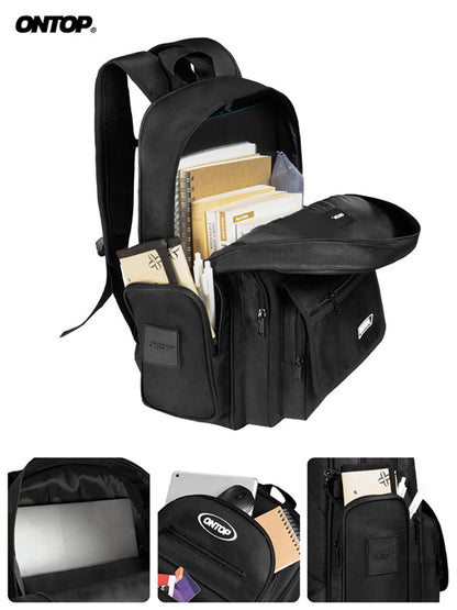 Black backpack with compartments and ONTOP branding on a white background