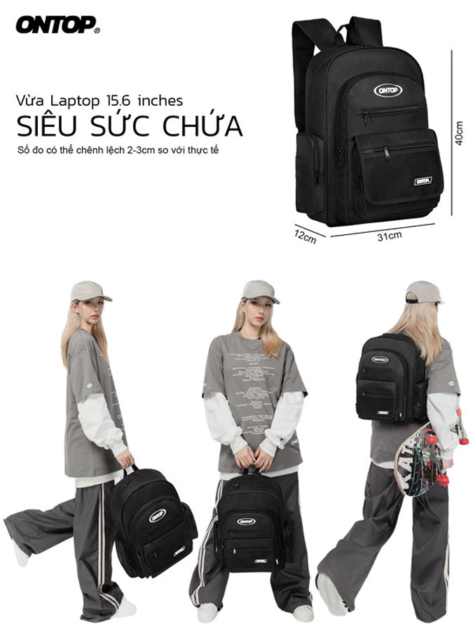 Black backpack with dimensions and a person wearing it, featuring the brand 'ONTOP'.