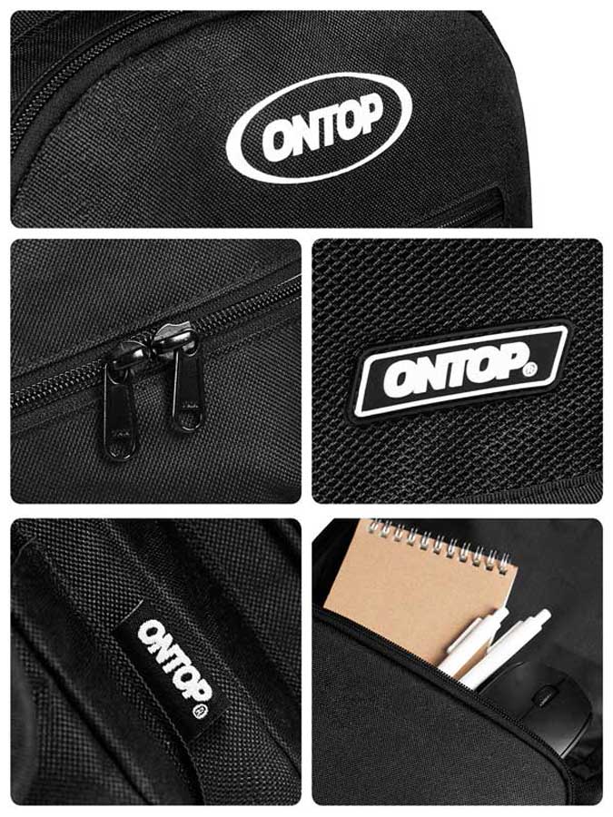 Black bag with ONTOP branding, featuring a zipper and interior pocket with stationery items.