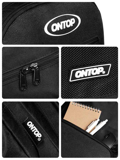Black bag with ONTOP branding, featuring a zipper and interior pocket with stationery items.