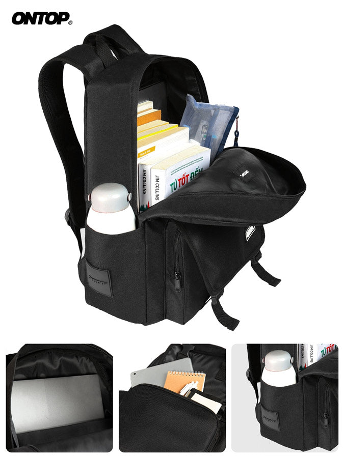Black backpack with compartments and items on a white background, featuring the brand 'ONTOP'.