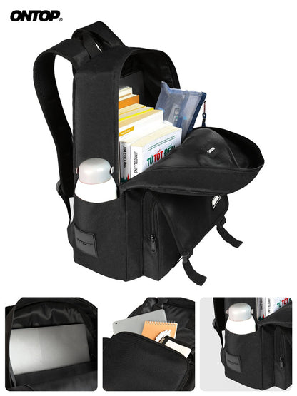 Black backpack with compartments and items on a white background, featuring the brand 'ONTOP'.