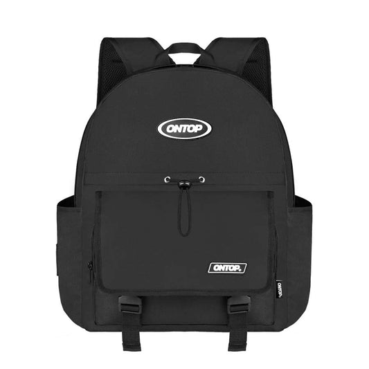Black backpack with 'ONTOP' logo on a white background