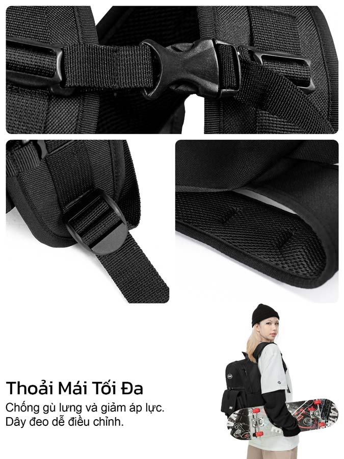 Black backpack with adjustable straps and a person wearing it with a skateboard.