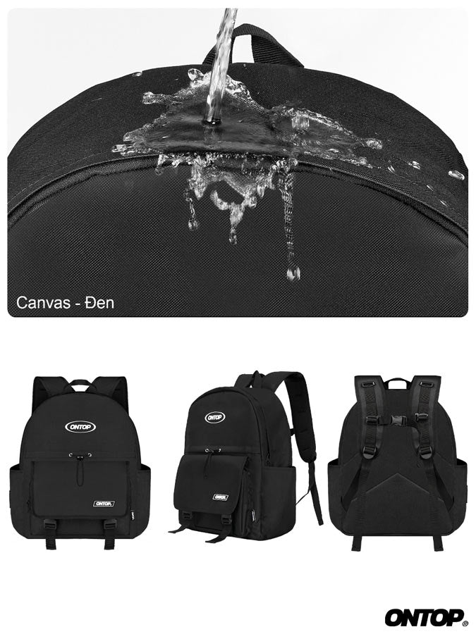 Black backpacks with water splash effect on top and 'ONTOP' branding at the bottom.