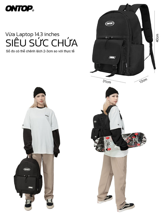 Black backpack with dimensions and a person wearing it, holding a skateboard.