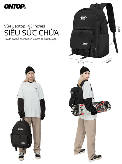 Black backpack with dimensions and a person wearing it, holding a skateboard.