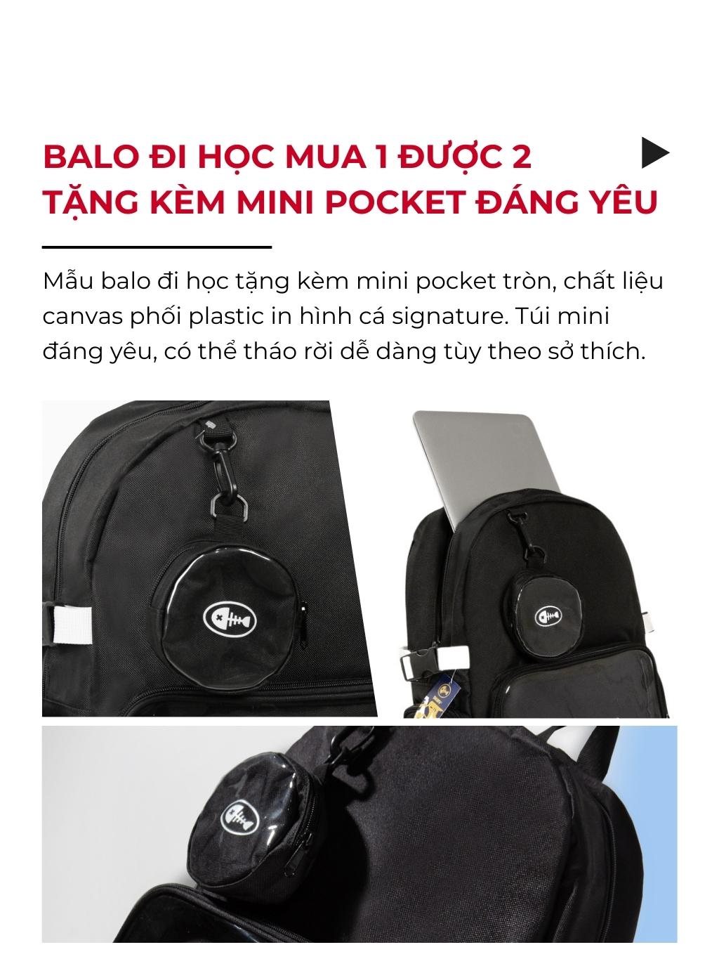 Black backpack with mini pocket and promotional text in Vietnamese