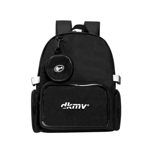 Black backpack with visible brand logo on a white background