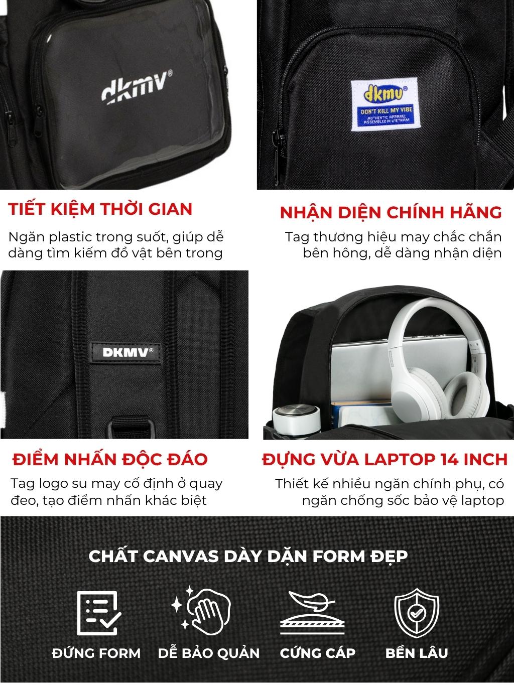 Black backpack with DKMV branding and product features highlighted.