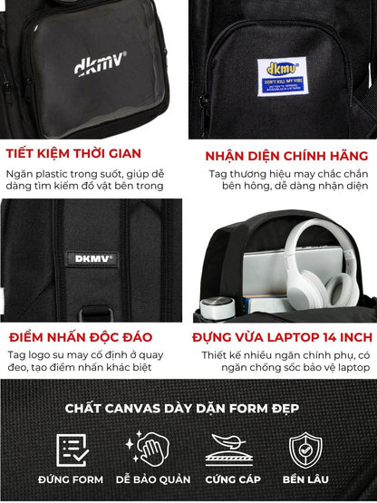 Black backpack with DKMV branding and product features highlighted.