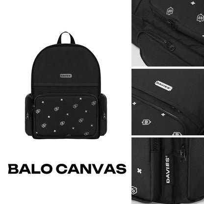 Black backpack with patterned design and visible brand logo on a white background