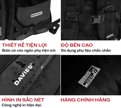 Black backpack with Davies branding, showing various features and quality details.