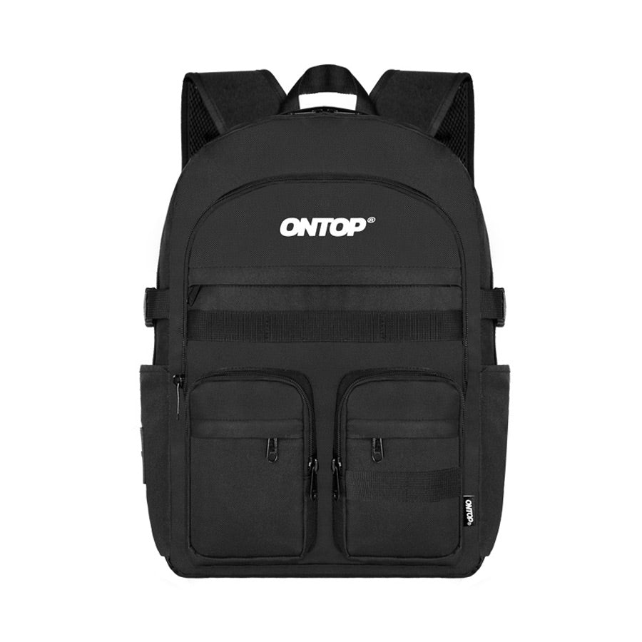 Black backpack with 'ONTOP' branding on a white background