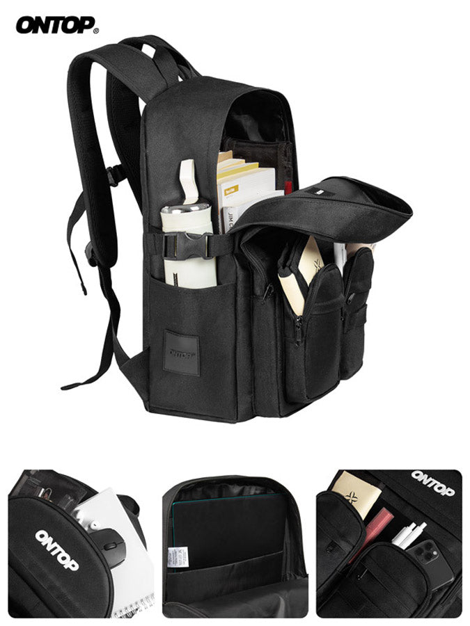 Black backpack with multiple compartments and ONTOP branding on a white background