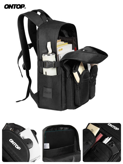 Black backpack with multiple compartments and ONTOP branding on a white background