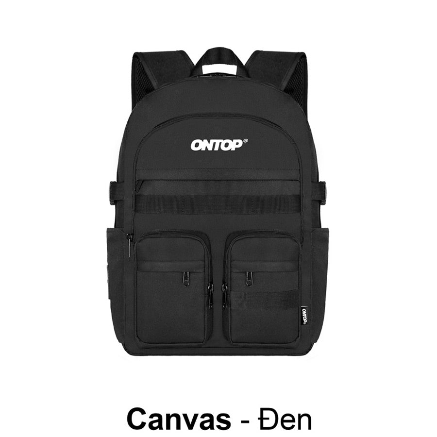 Black backpack with 'ONTOP' branding on a white background