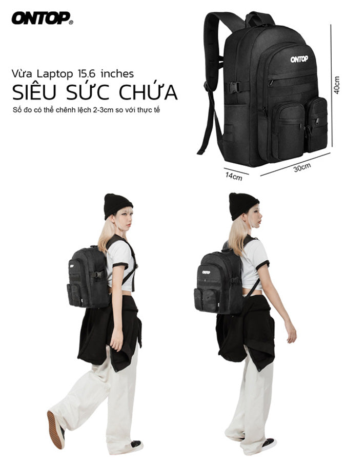 Black backpack with ONTOP branding, shown worn by a model, with product dimensions displayed.