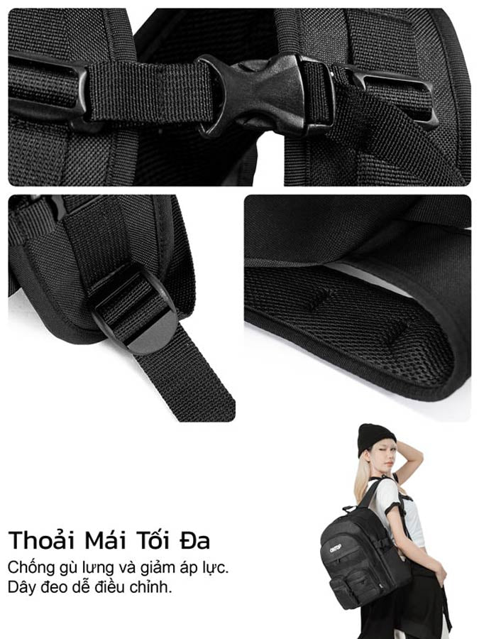 Black backpack with adjustable straps and a person wearing the backpack.
