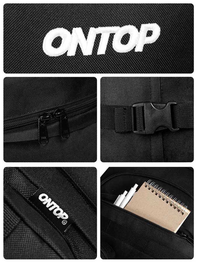 Black bag with 'ONTOP' branding and various features shown in close-up.
