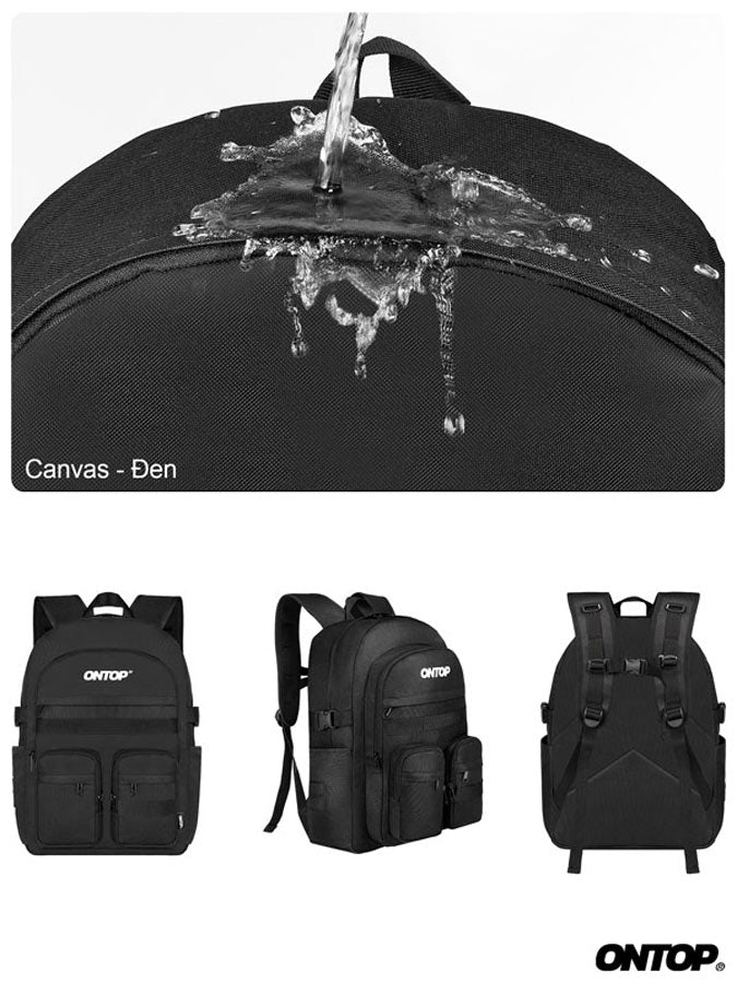 Black backpack with water splashing on it, followed by three views of a black backpack with 'ONTOP' branding.
