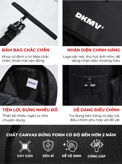 Black bag with DKMV branding and features listed on a black background