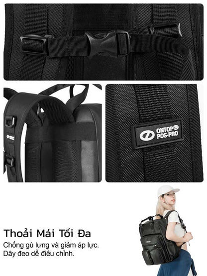 Black backpack with multiple views and a person wearing it, featuring the 'ONTOP' brand.