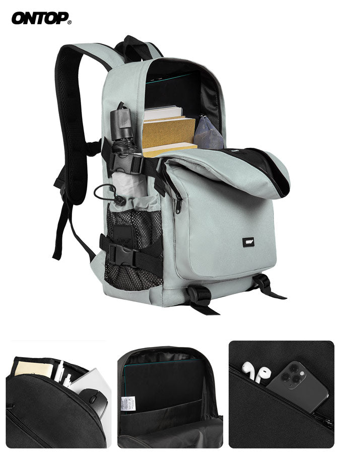 Gray backpack with compartments and a bottle holder, featuring the brand 'ONTOP'.