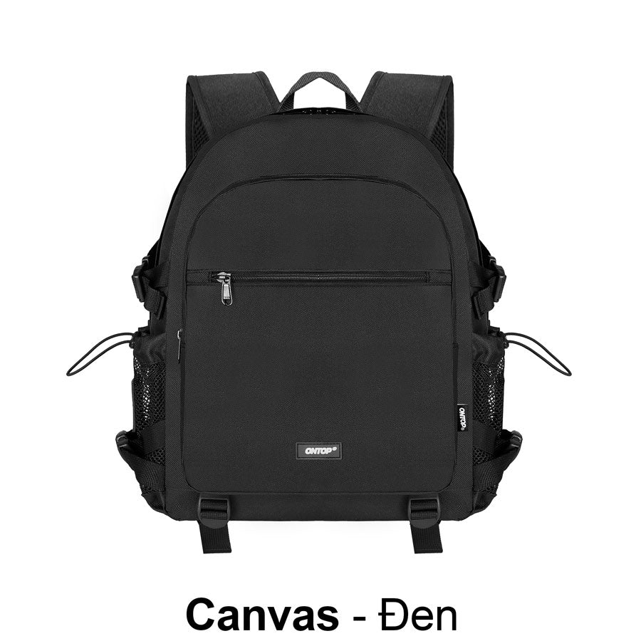 Black backpack with visible brand logo on a white background