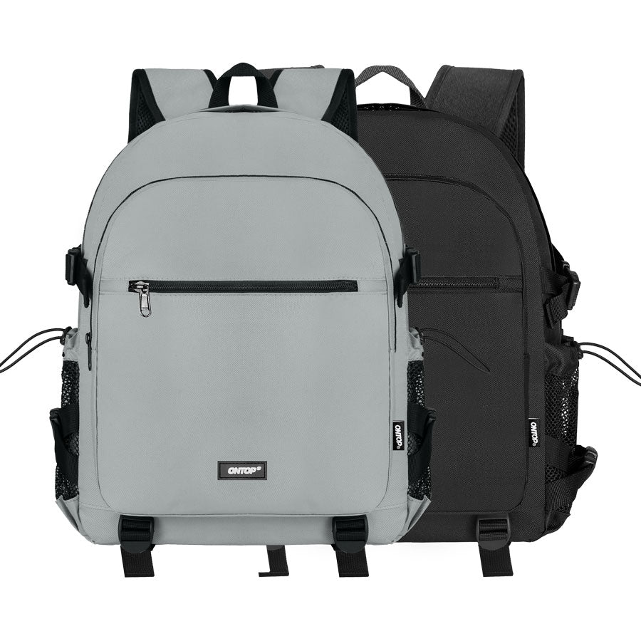 Gray and black backpacks with a visible brand logo on a white background