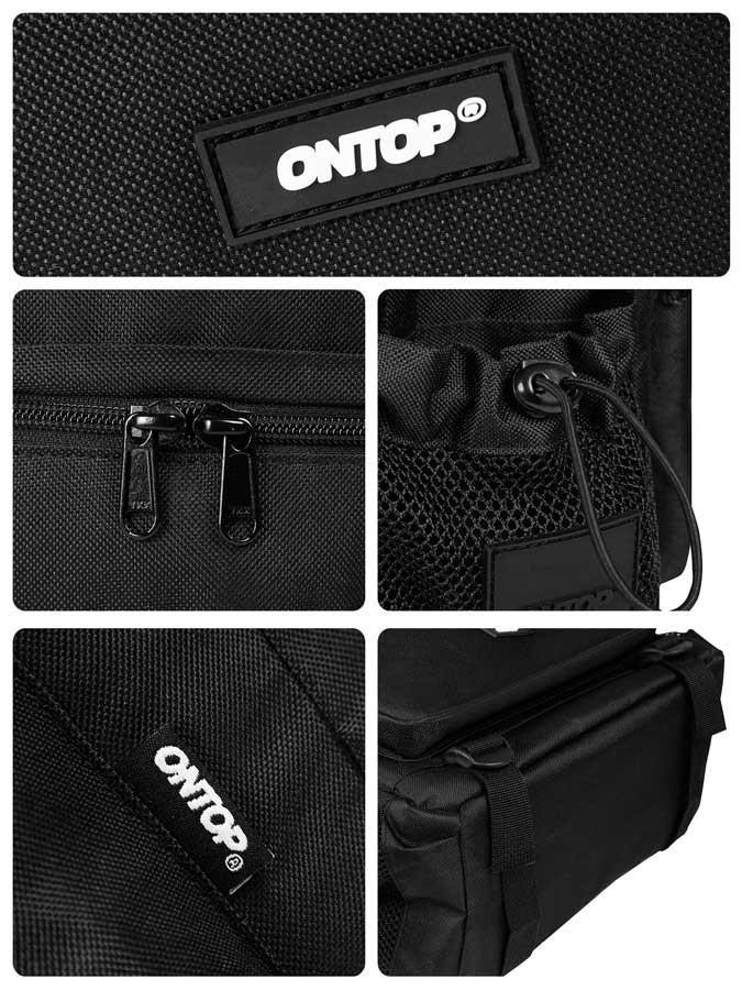 Black bag with ONTOP branding shown from different angles