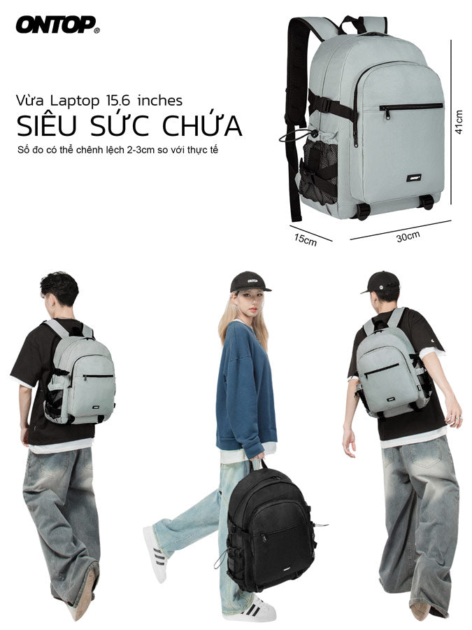 Gray backpack with dimensions and people wearing it on a white background