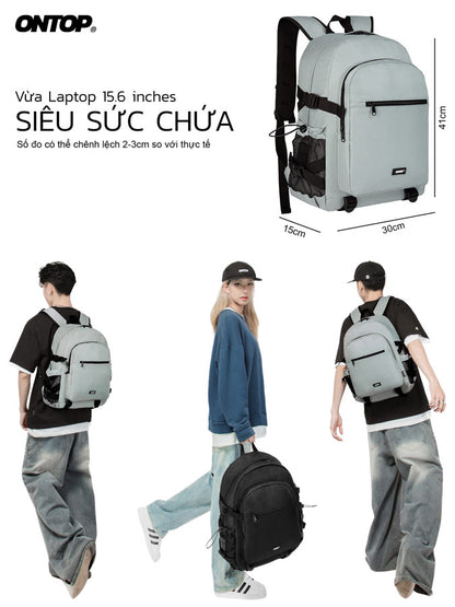 Gray backpack with dimensions and people wearing it on a white background