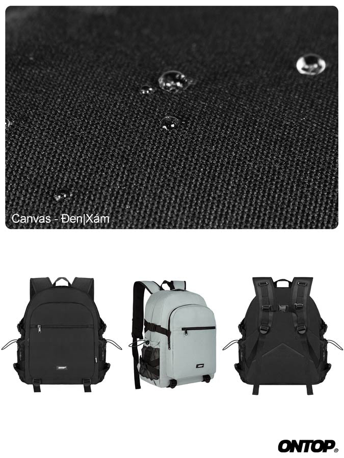 Black canvas backpack with water droplet test on fabric, followed by three backpacks in different colors.