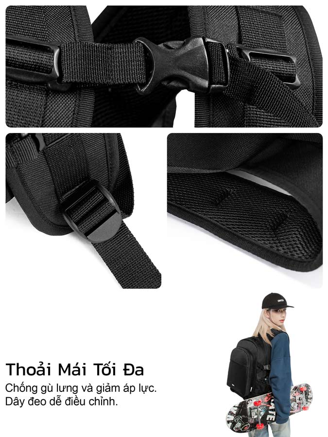 Black backpack with adjustable straps and a person carrying a skateboard.