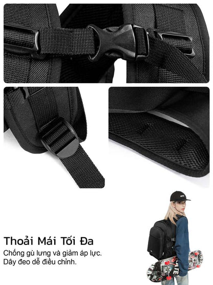 Black backpack with adjustable straps and a person carrying a skateboard.