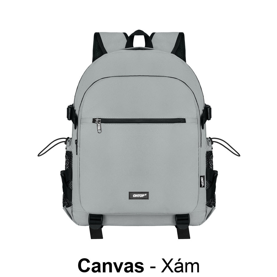 Gray backpack with black accents on a white background
