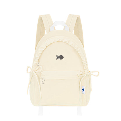 Light yellow backpack with a small logo on a white background
