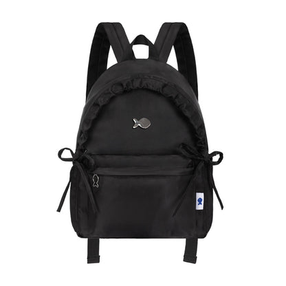 Black backpack with brand logos on a white background