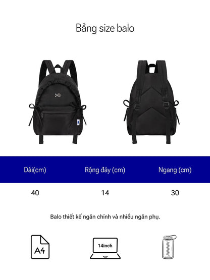 Black backpack with dimensions and capacity indicators on a white background