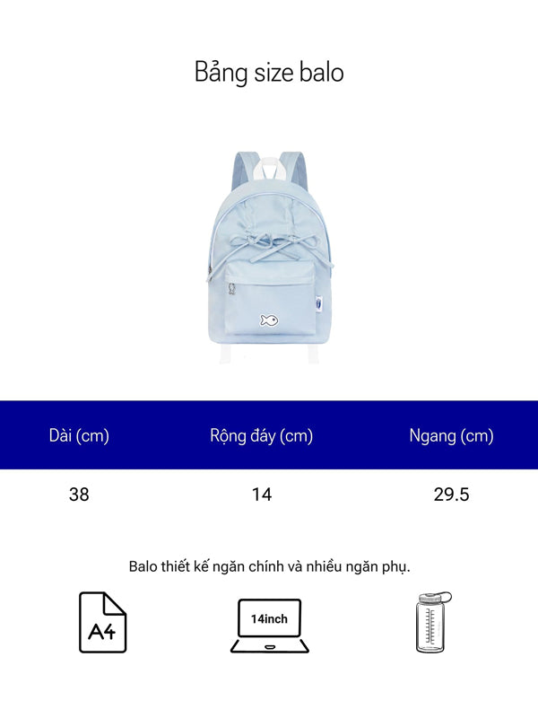 Light blue backpack with size chart on a white background