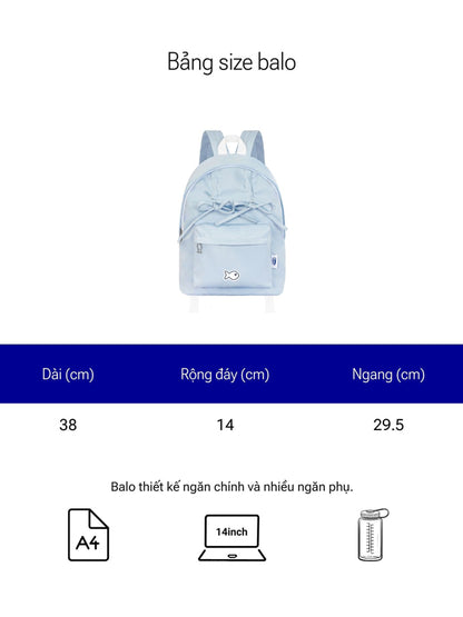 Light blue backpack with size chart on a white background
