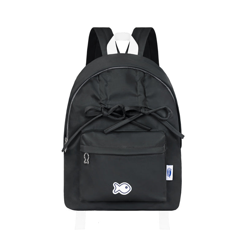 Black backpack with a small logo on a white background