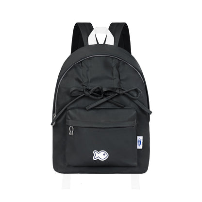 Black backpack with a small logo on a white background